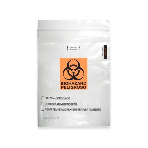 2-Pocket Zip-Closure Biohazard Specimen Bags, 8" x 10" Clear