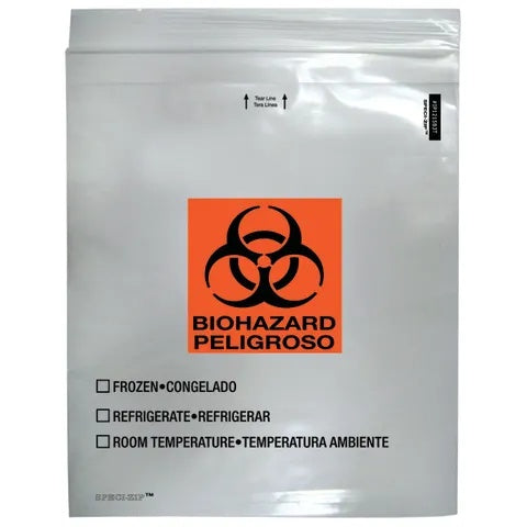 2-Pocket Zip-Closure Biohazard Specimen Bags, 12" x 15" Clear