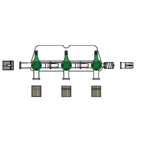 3-gang four-way high flow stopcocks with a rotating male luer-lock on a manifold plate. Approximate priming volume 0.9mL. Approximate length 5".