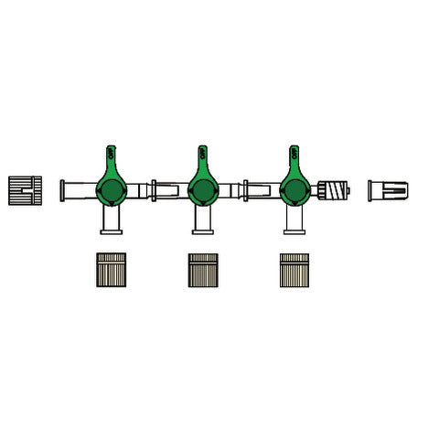3-gang four-way high flow stopcocks with male luer-lock. Approximate priming volume 0.8mL. Approximate length 5".