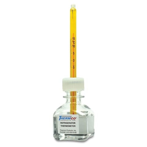 Bottle Thermometer Bio-Safe Glycol/Water, Refrigerator • 30mL • -5°C to 15°C
