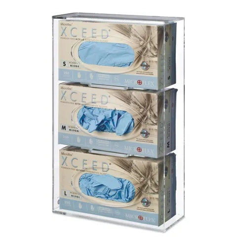 Acrylic Dispenser with Hanger, Side-Loading Triple Glove • 10.125"W x 4.75"D x 16"H