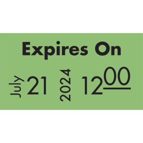 “Expires On” Labels • Dispenser Roll • 2,500/roll, 8 rolls • Fluorescent Green
