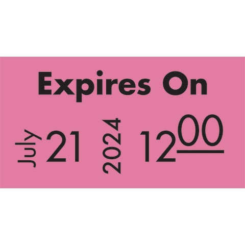 “Expires On” Labels • Dispenser Roll • 2,500/roll, 8 rolls • Fluorescent Pink