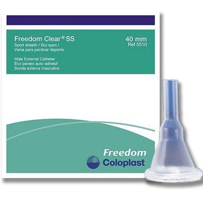 COLOPLAST FREEDOM CLEAR LONG SEAL MALE EXTERNAL CATHETER WITH KINK-RESISTANT NOZZLE, MEDIUM 28MM DIA, LATEX-FREE