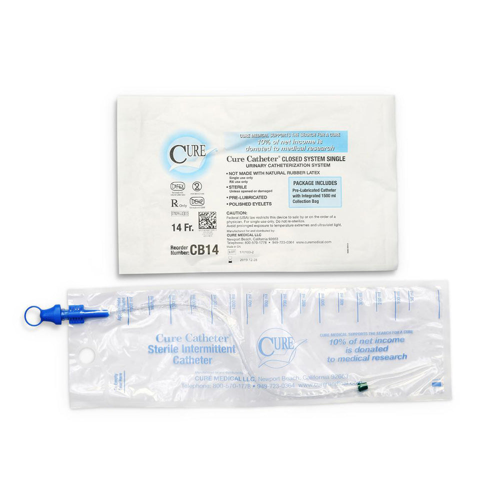 CURE CLOSED SYSTEM SINGLE STRAIGHT TIP PRE-LUBRICATED CATHETER 14 FR