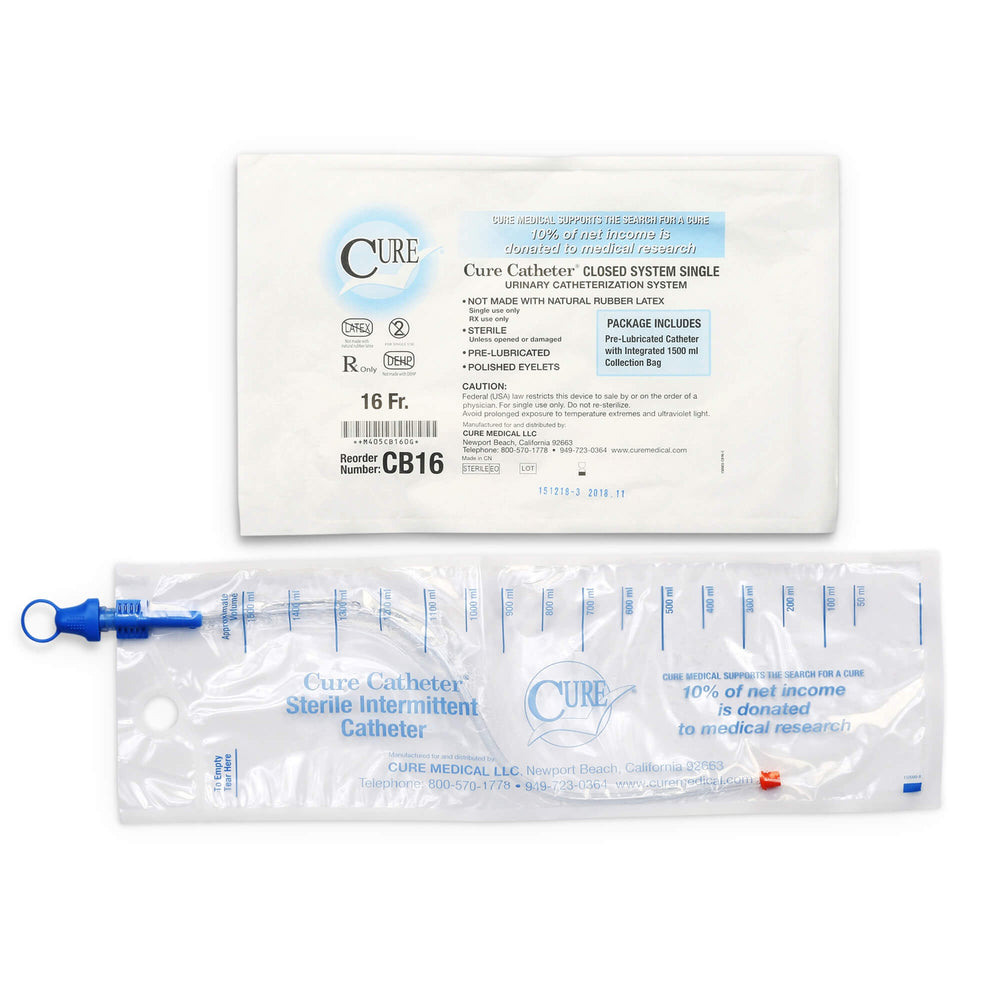 CURE CLOSED SYSTEM SINGLE STRAIGHT TIP PRE-LUBRICATED CATHETER 16 FR