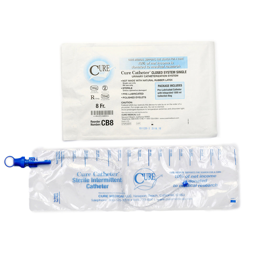CURE CLOSED SYSTEM SINGLE STRAIGHT TIP PRE-LUBRICATED CATHETER 8 FR