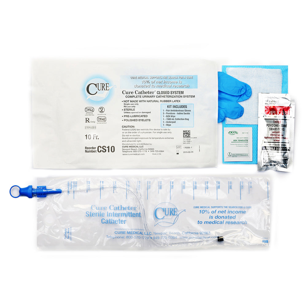 CURE CLOSED SYSTEM KIT WITH ACCESSORIES STRAIGHT TIP PRE-LUBRICATED CATHETER 10 FR