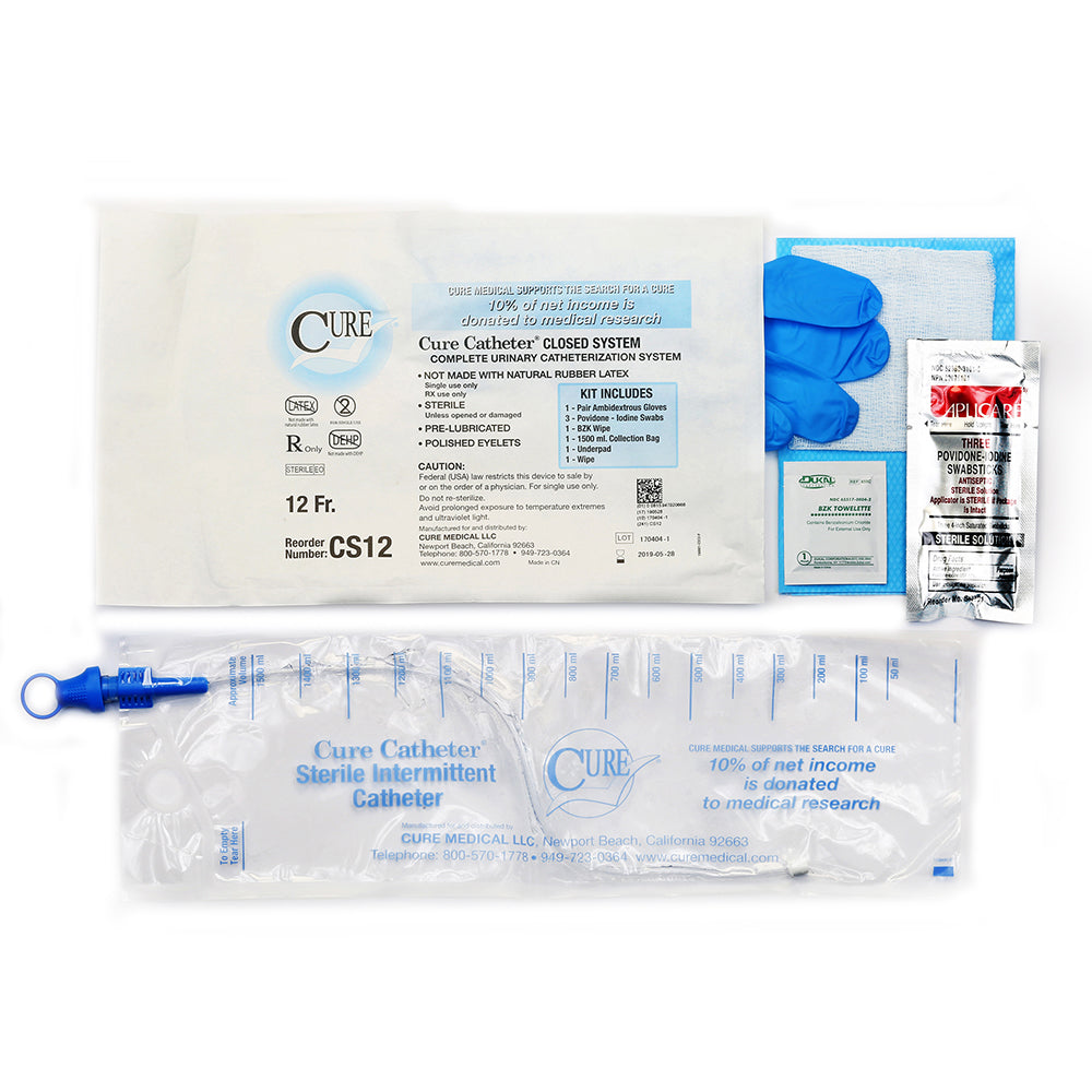 CURE CLOSED SYSTEM KIT WITH ACCESSORIES STRAIGHT TIP PRE-LUBRICATED CATHETER 12 FR
