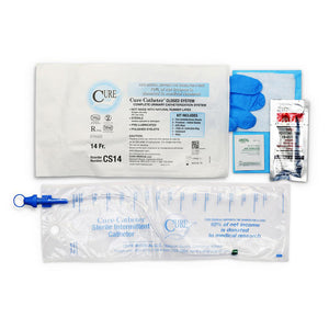 CURE CLOSED SYSTEM KIT WITH ACCESSORIES STRAIGHT TIP PRE-LUBRICATED CATHETER 14 FR