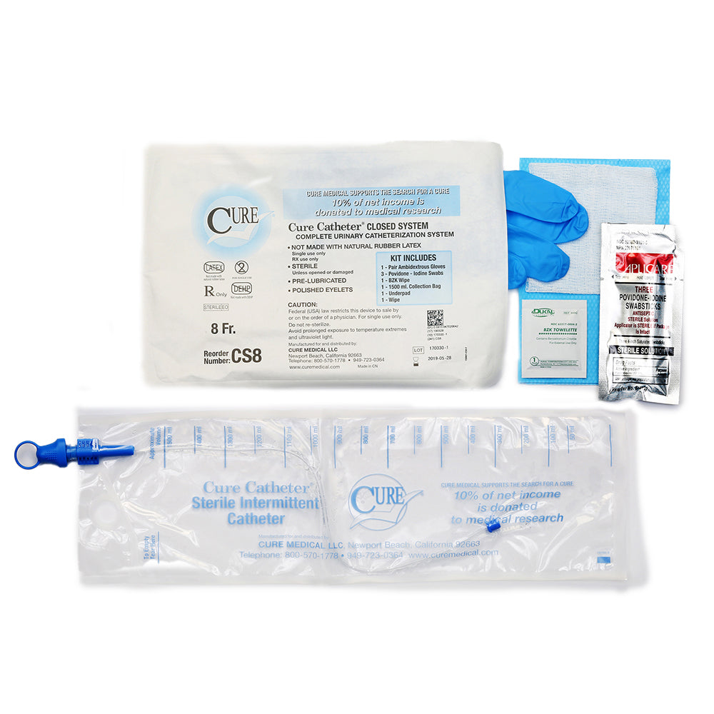 CURE CLOSED SYSTEM KIT WITH ACCESSORIES STRAIGHT TIP PRE-LUBRICATED CATHETER 8 FR