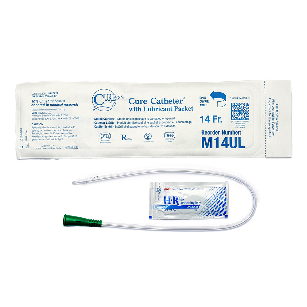 CURE MALE POCKET STRAIGHT TIP CATHETER WITH LUBRICANT PACKET 14 FR  16"