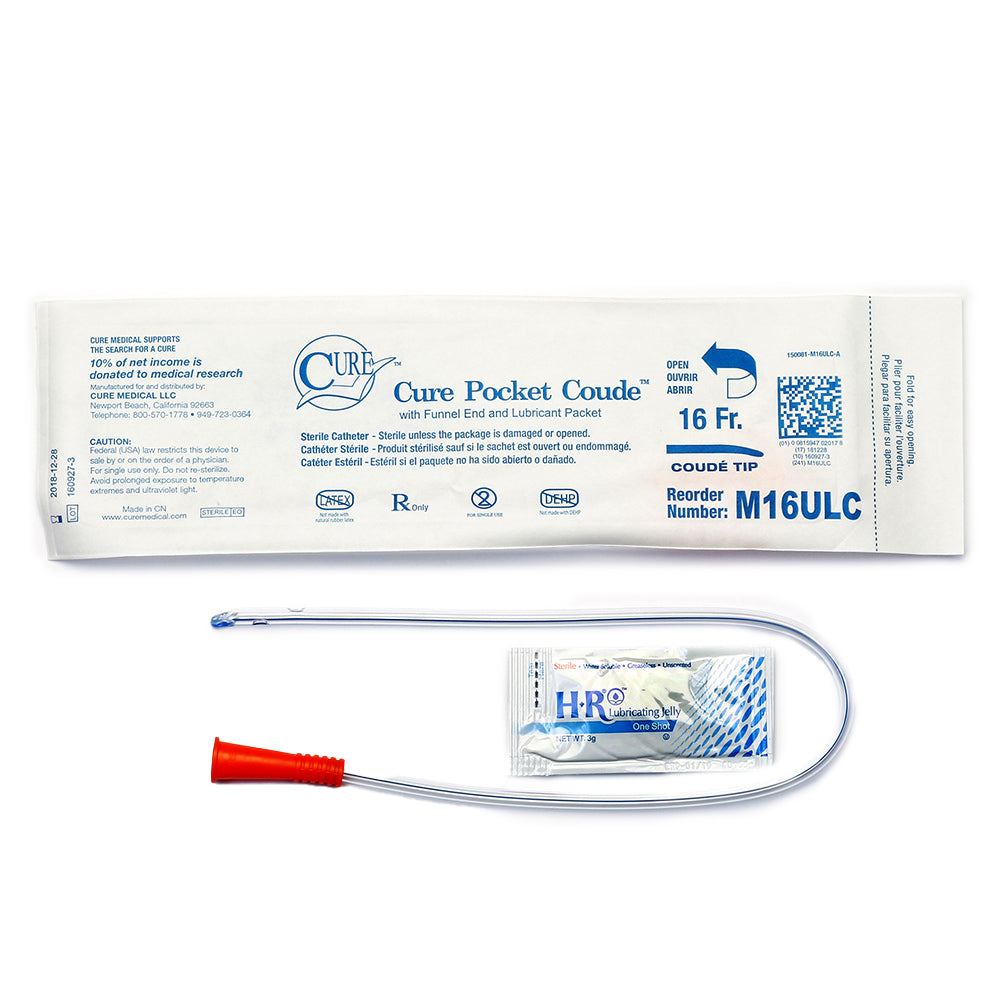 CURE MALE POCKET  COUDE TIP CATHETER WITH LUBRICANT PACKET 16 FR 16"