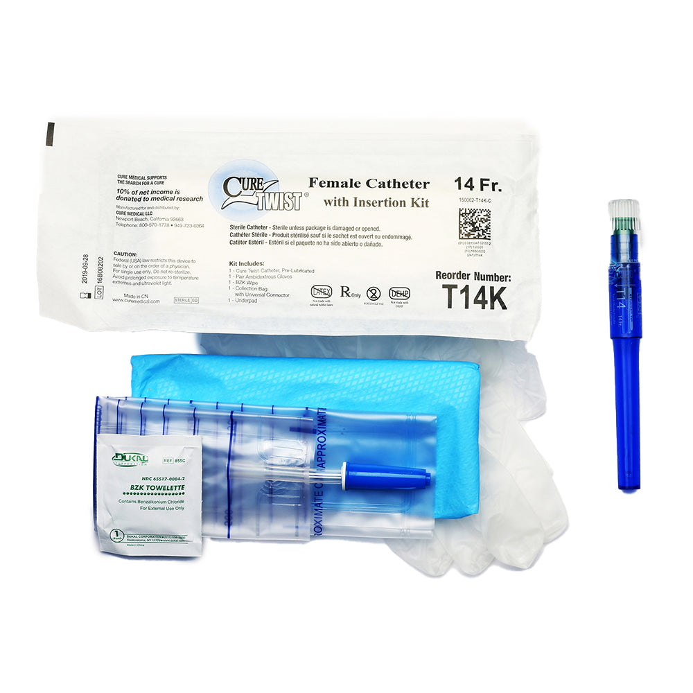 CURE FEMALE STRAIGHT TIP PRE-LUBRICATED TWIST CATHETER WITH INSERTION KIT 14 FR 6"