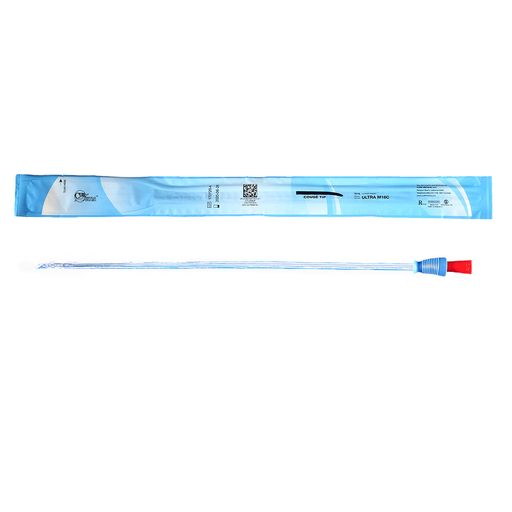 CURE MALE COUDE TIP PRE-LUBRICATED CATHETER 18 FR 16"