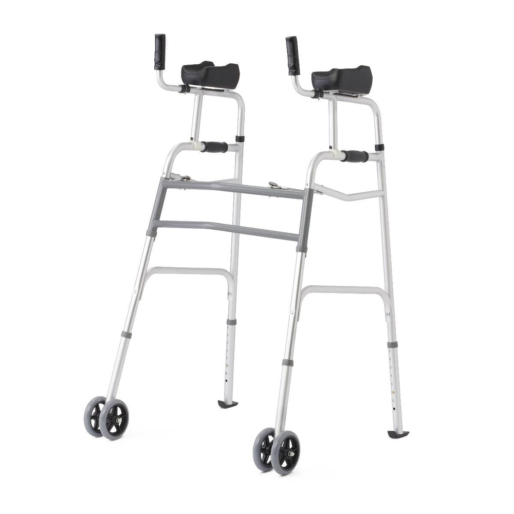 Medline Aluminum Upright Folding Walker with 5" Wheels, Junior