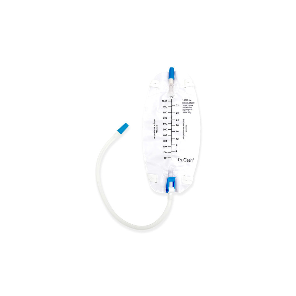 TRUCATH PREMIUM LEG BAG, 1000ML WITH FLIP DRAINAGE VALVE, FLOCKED BACKING, LATEX FREE FABRIC LEG STRAPS AND EXTENSION TUBING