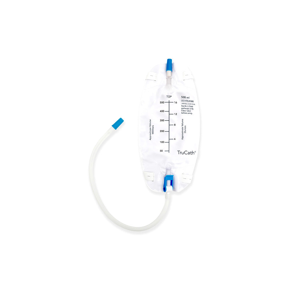 TRUCATH PREMIUM LEG BAG, 500ML WITH FLIP DRAINAGE VALVE, FLOCKED BACKING, LATEX FREE FABRIC LEG STRAPS AND EXTENSION TUBING