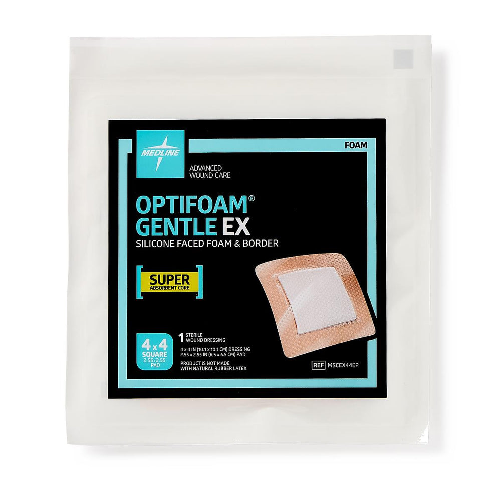Optifoam Gentle EX Bordered Foam Dressing in Educational Packaging, 4" x 4"