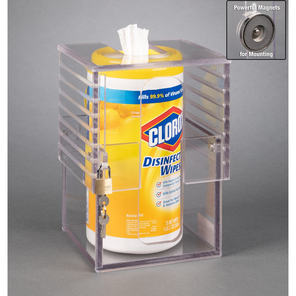 Universal Wipe Cannister Holder-Locking, Adjustable ([4ea: 10-32x7/16,10-32 Sqnut INST],Magnets 3, Padlock)
