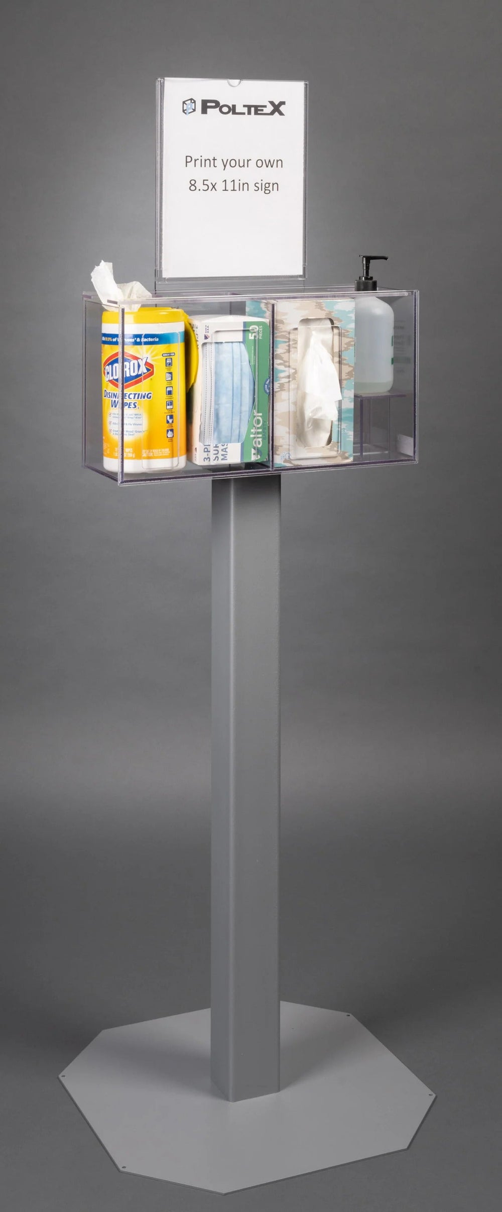 Sanitizing Station-4 Position, Sleeve Sign (3STL Stand, RHS 3STL Kit, SLV Sign, Padlock, Riser)