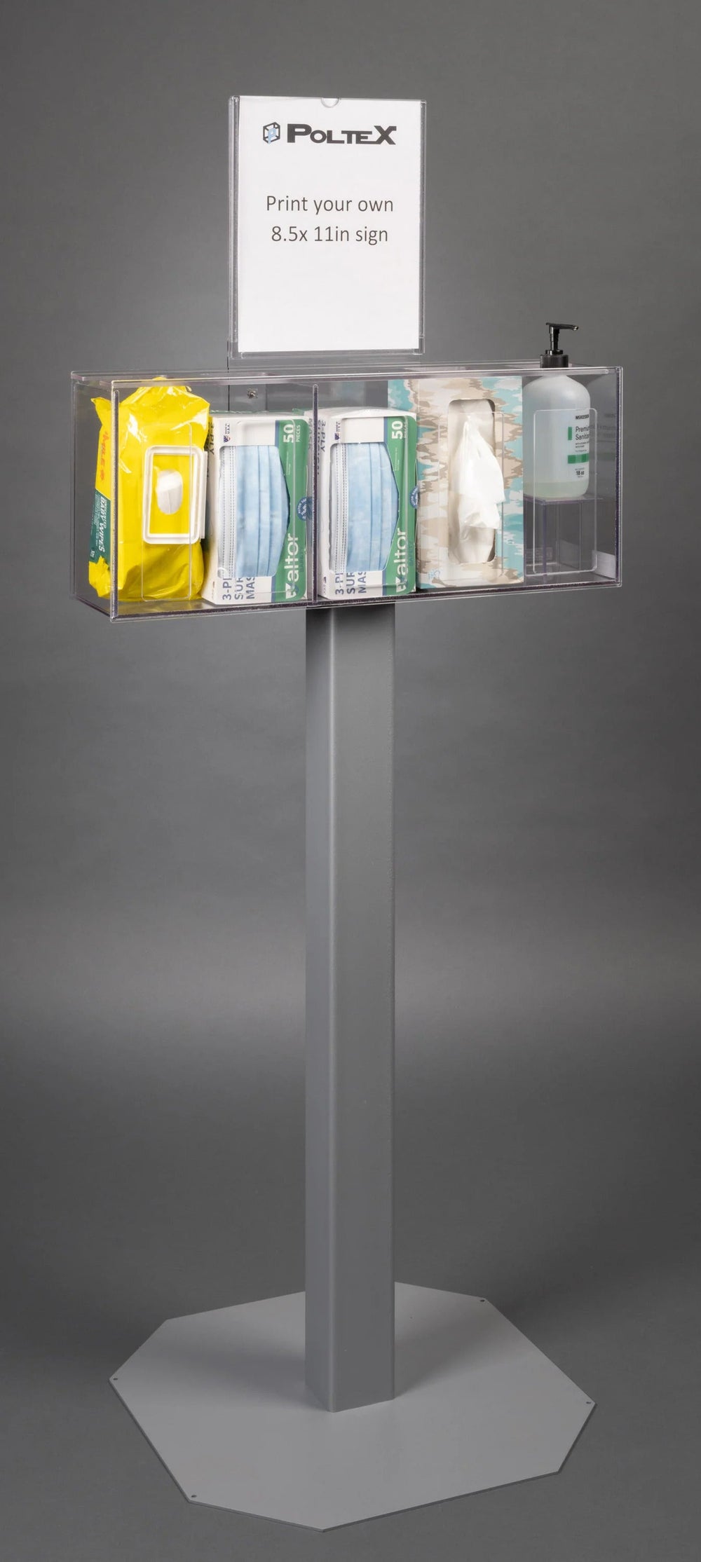 Sanitizing Station-5 Position, Sleeve Sign (3STL Stand, RHS 3STL Kit, SLV Sign, Padlock, Riser)