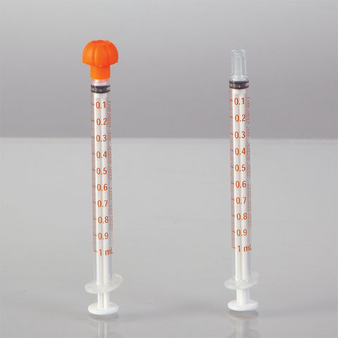 Oral Dispensers with Tip Caps, 1mL, Clear/Orange Markings