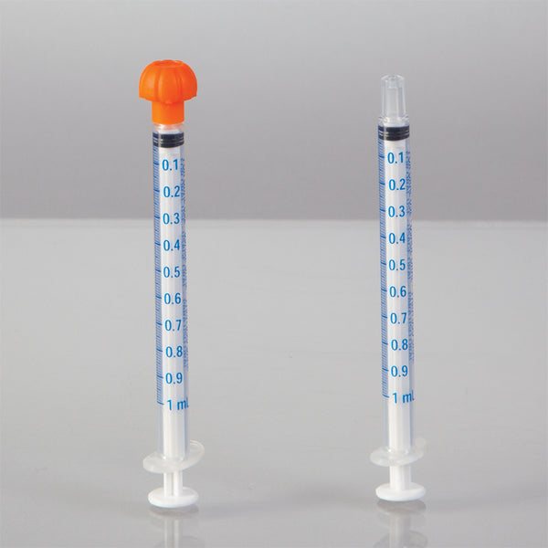 Oral Dispensers with Tip Caps, 1mL, Clear/Blue Markings, 25 Pack