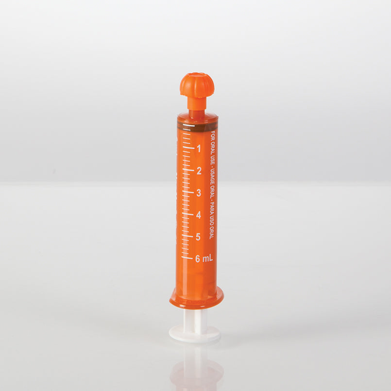 Health Care Logistics Oral Dispensers with Tip Caps, 6mL, Amber/White Markings, 100 Pack