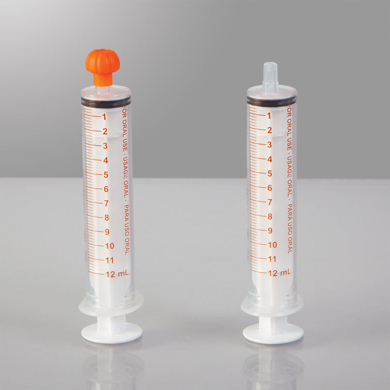 Health Care Logistics Oral Dispensers with Tip Caps, 12mL, Clear/Orange Markings, 25 Pack