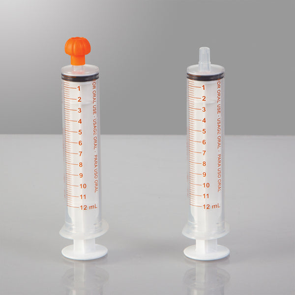 Oral Dispensers with Tip Caps, 12mL, Clear/Orange Markings, 25 Pack