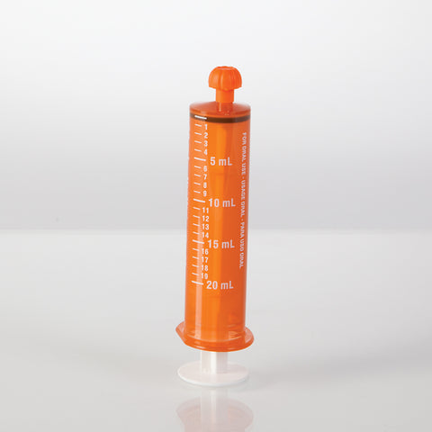 Oral Dispensers with Tip Caps, 20mL, Amber/White Markings, 25 Pack