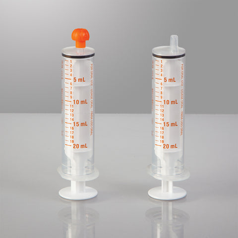 Oral Dispensers with Tip Caps, 20mL, Clear/Orange Markings, 25 Pack