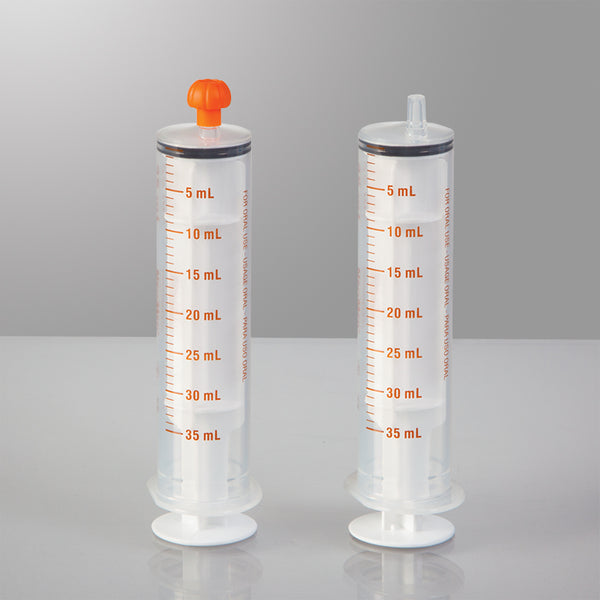 Oral Dispensers with Tip Caps, 35mL, Clear/Orange Markings, 100 Pack