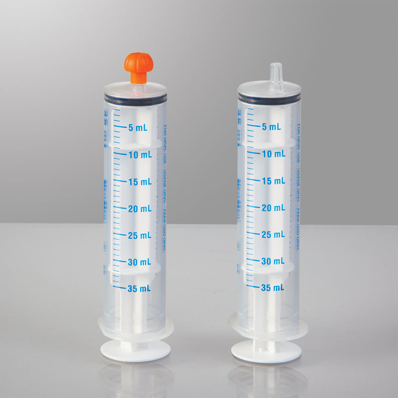 Health Care Logistics Oral Dispensers with Tip Caps, 35mL, Clear/Blue Markings, 100 Pack