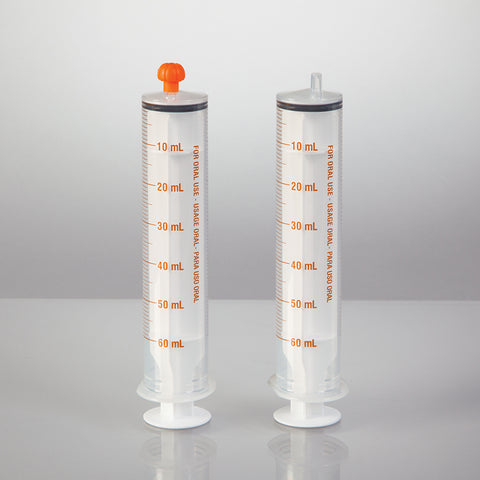 Oral Dispensers with Tip Caps, 60mL, Clear/Orange Markings, 100 Pack