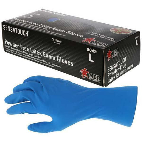 Disposable Medical Grade Gloves, Natural Rubber Latex, Powder Free, Blue, L, 50 PK