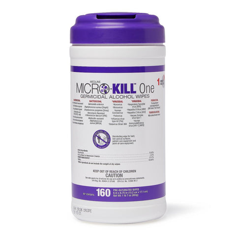 Medline Micro-Kill One Germicidal Alcohol Wipes, Reclosable Canister, 160-Count, 6