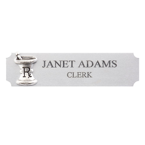 Silver Namebadge with Silver Mortar and Pestle Logo